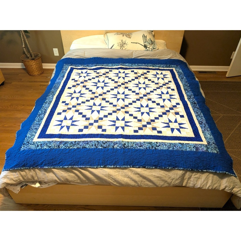 Vintage Hand Made Blue White Barn Star Quilt Bedspread Throw/ Twin 64''